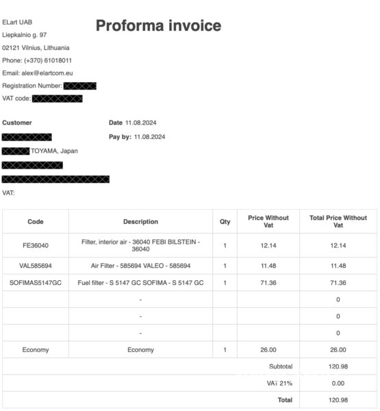 PROFOMA INVOCEで支払額の確認