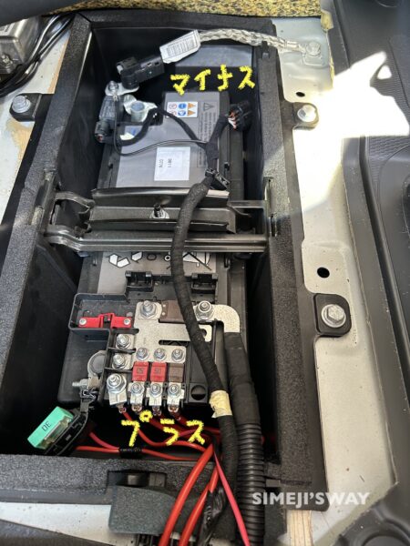 バッテリーのプラスターミナルとマイナスターミナル