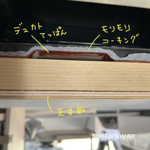 The Ducato’s roof panel and the thick layer of applied caulking.