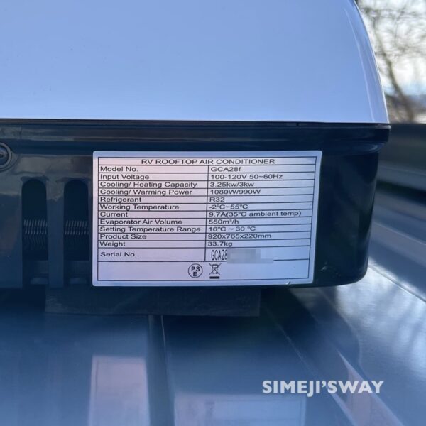 Specification sheet of the roof air conditioner
