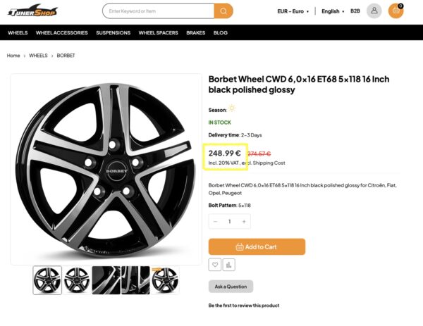 BORBET WHEELの付加価値税込みの価格