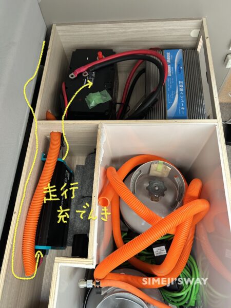 ケーブルと走行充電器、バッテリー、インバーターのセット完了